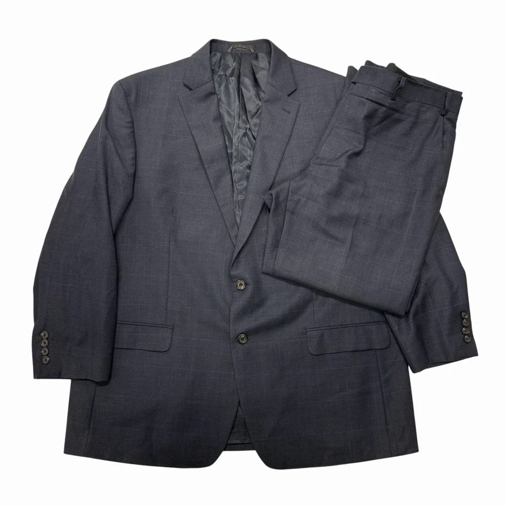 Lauren Ralph Lauren Mens Navy Blue Windowpane Plaid 100% Wool Suit 48R 38 x 28